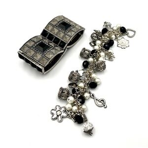 Black and White Silver Bracelet Lot - Cuff Bracelet & Charm Bracelet